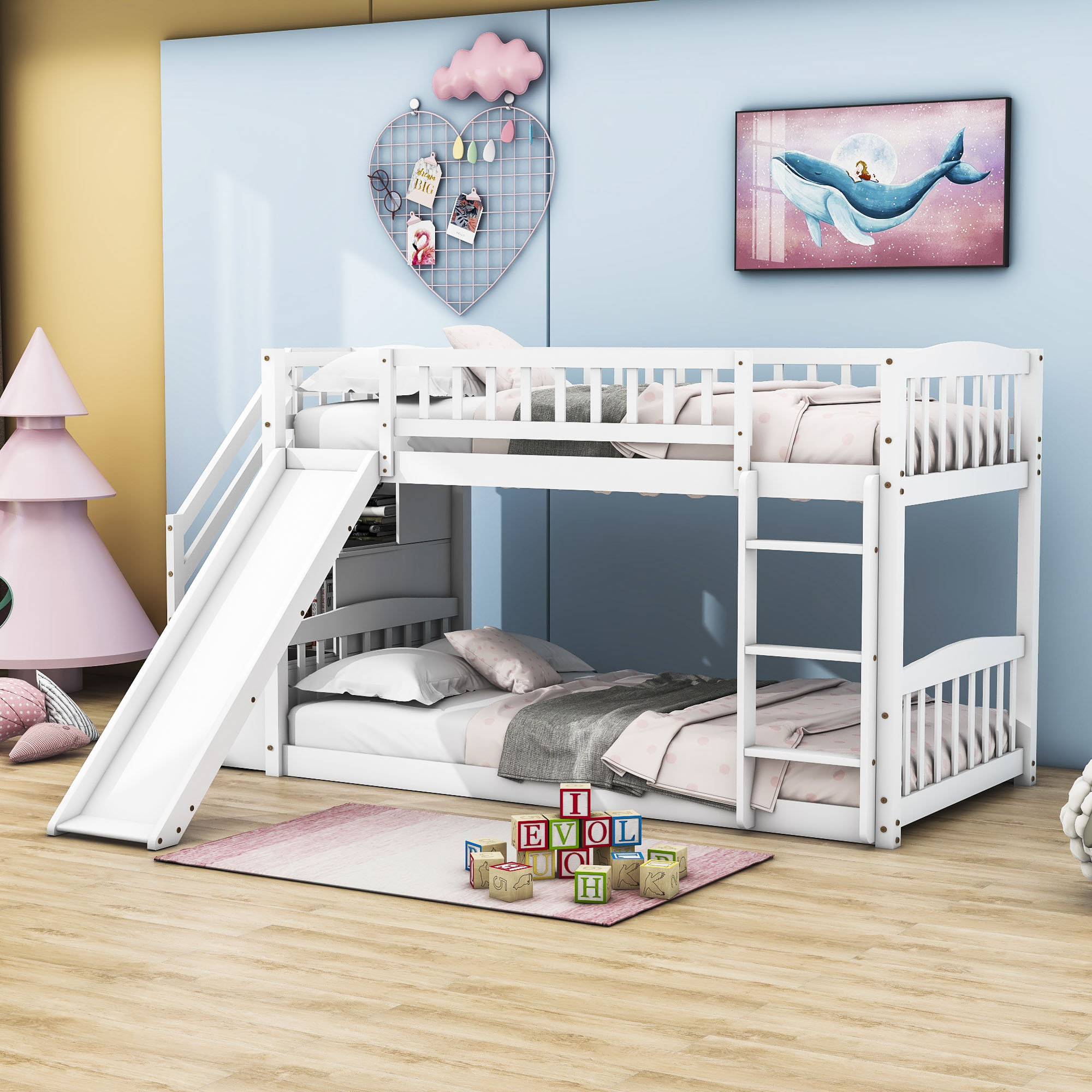 Harriet Bee Twin Over Twin Wood Bunk Bed with Slide and Storage Staircase Wayfair
